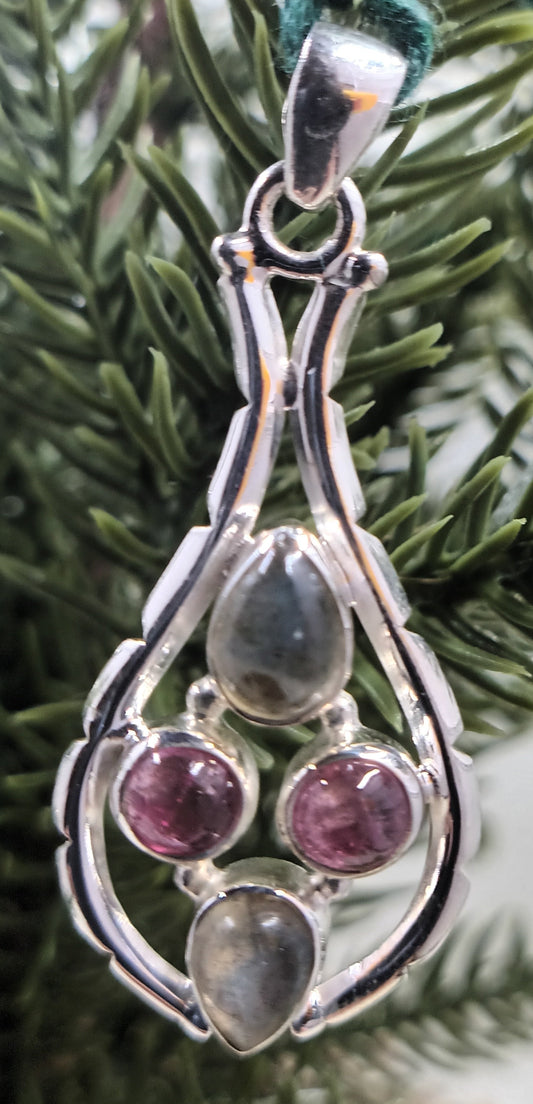 Natural Blue Labradorite - Red Tourmaline Pendant