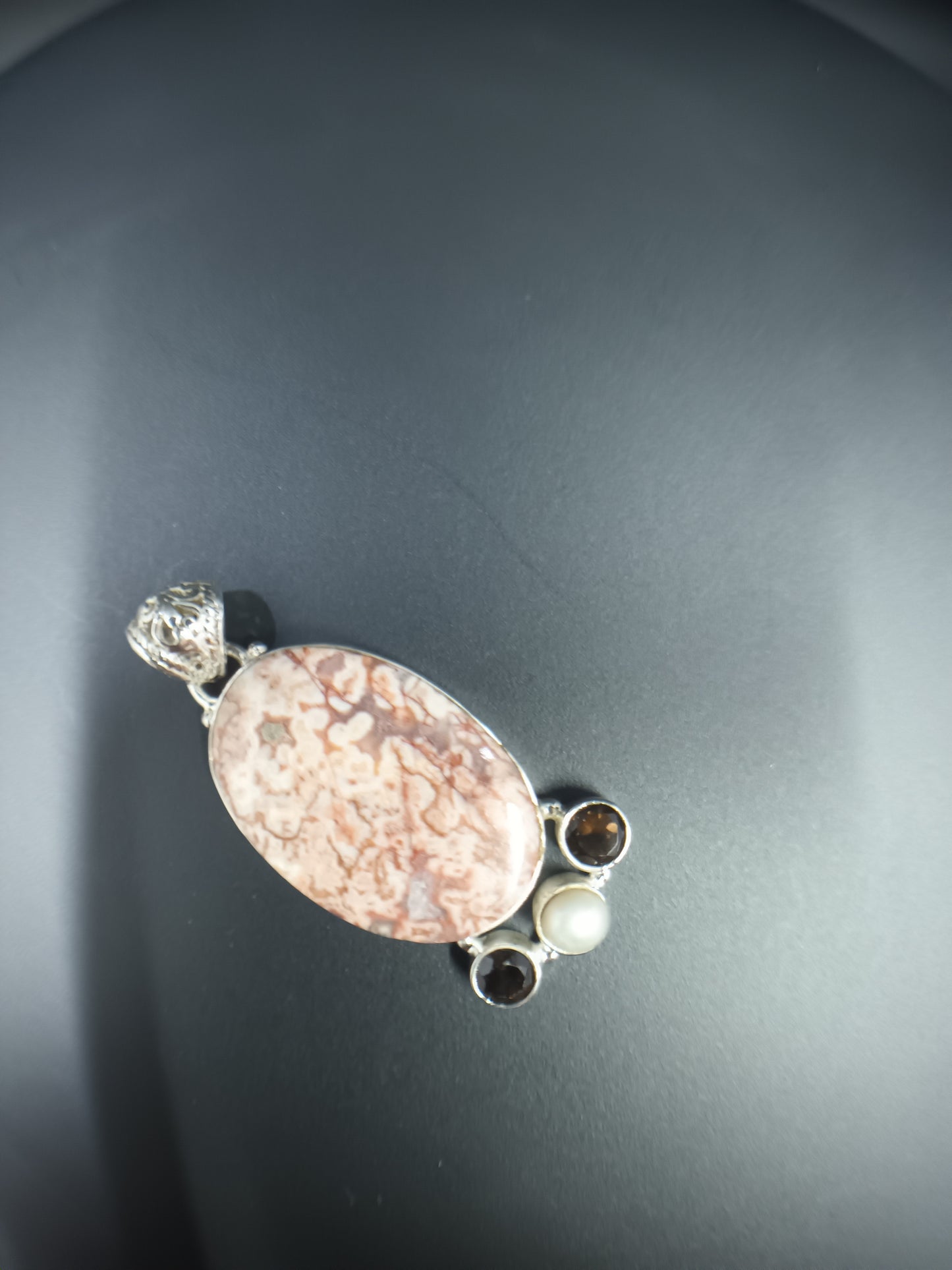 Natural Pink Rosetta Stone Jasper - Pearl - Smokey Topaz Pendant