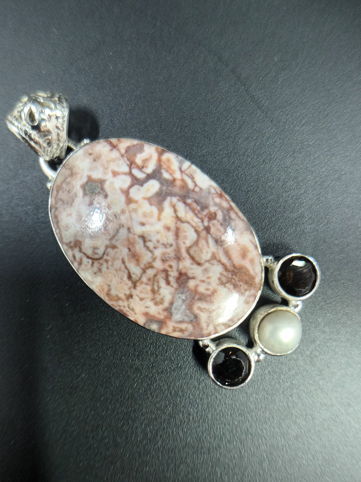 Natural Pink Rosetta Stone Jasper - Pearl - Smokey Topaz Pendant