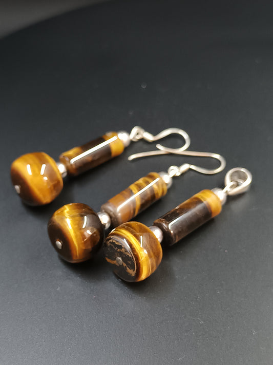 Set - Natural Brown Tiger's Eye tiger iron - Pendant Earrings