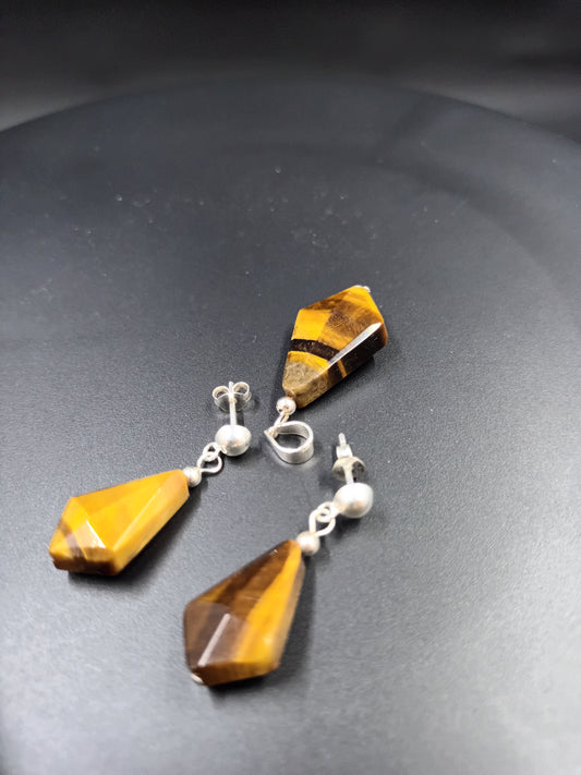 Set - Natural Tiger's Eye - Pendant Earrings