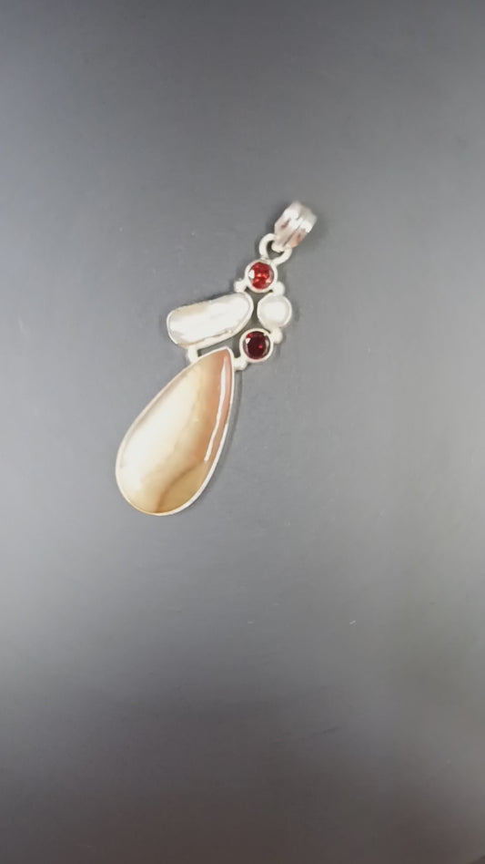 Natural Brown Imperial Jasper - Garnet - Pearl Pendant