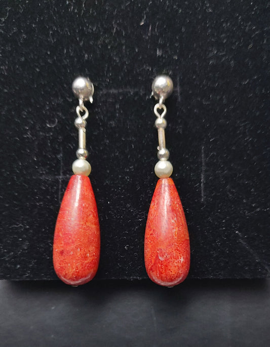 Natural Red Sponge Coral  - Pearl - Earrings - Dangle