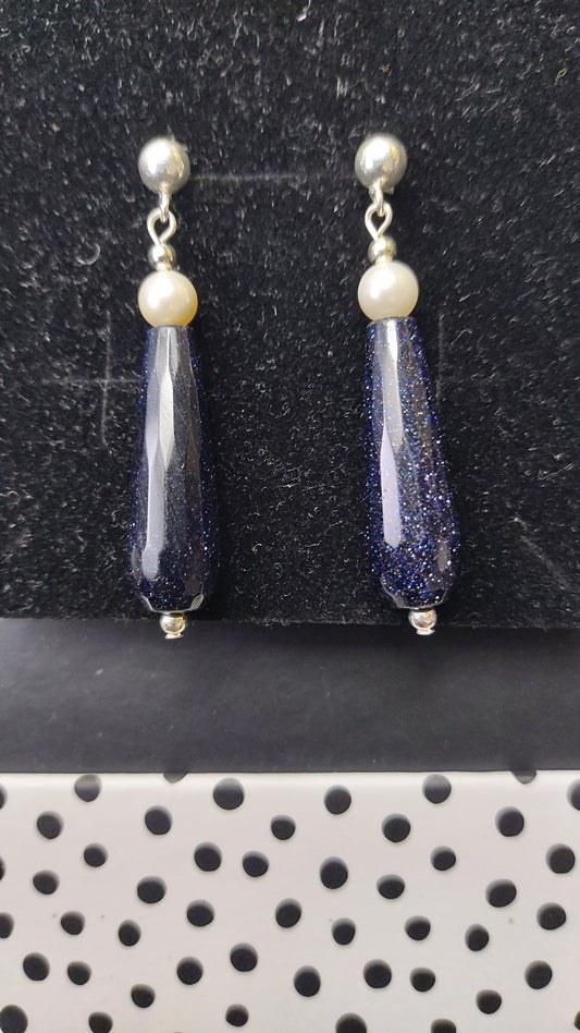 Natural Blue Goldstone - Pearl - Earrings