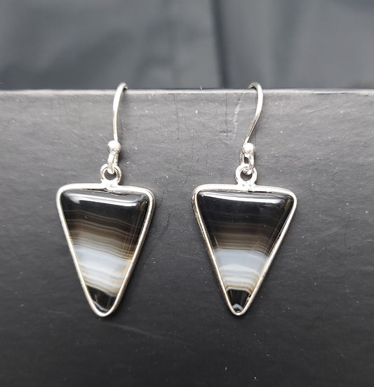 Natural Black Botswana Agate - Dangle - Triangle Earrings