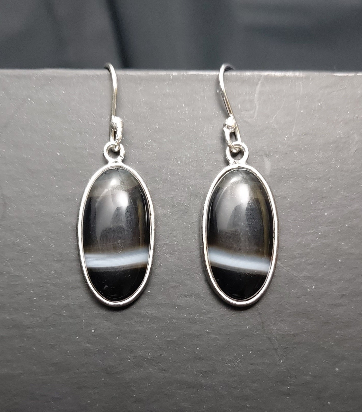 Natural Black Botswana Agate - Dangle Earrings - Oval