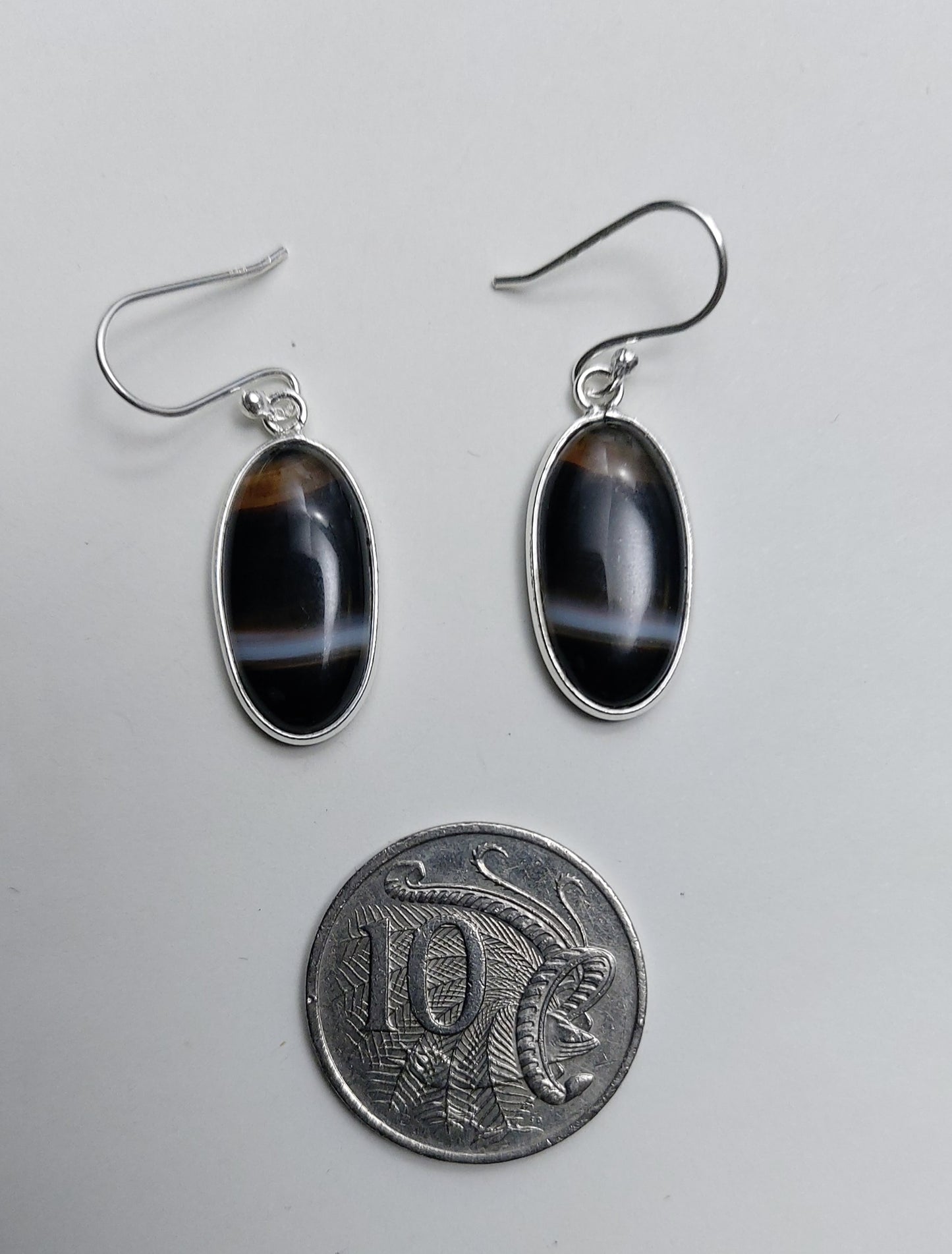 Natural Black Botswana Agate - Dangle Earrings - Oval