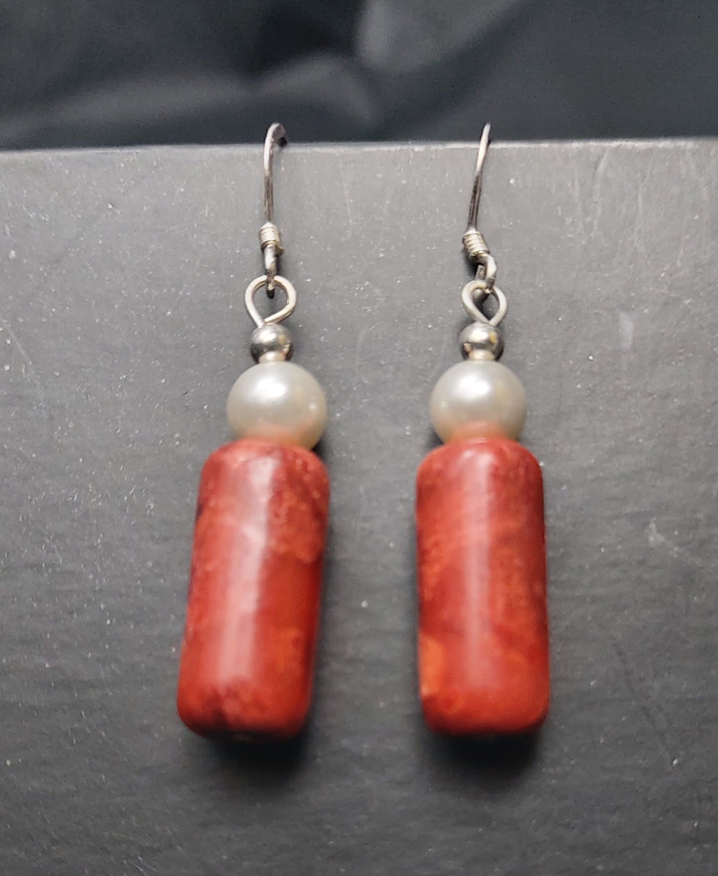 Natural Red Sponge Coral - White Pearl Earrings - Cylinder Dangle