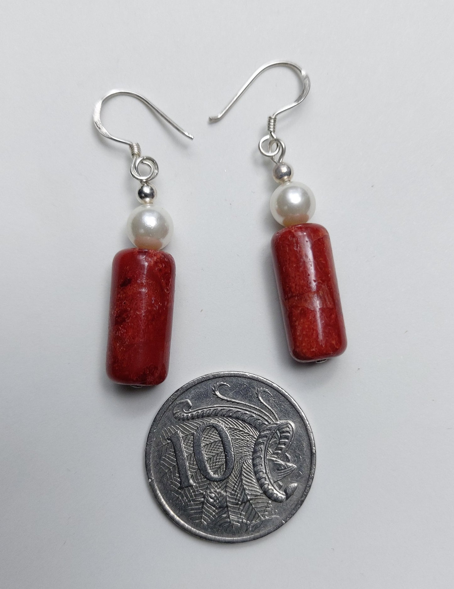 Natural Red Sponge Coral - White Pearl Earrings - Cylinder Dangle