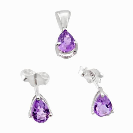 Set - Natural Purple Amethyst - Pear Shape - Pendant - Earrings