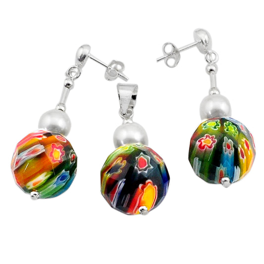 Set - Italian Murano Glass Pendant Earrings - Multicolour