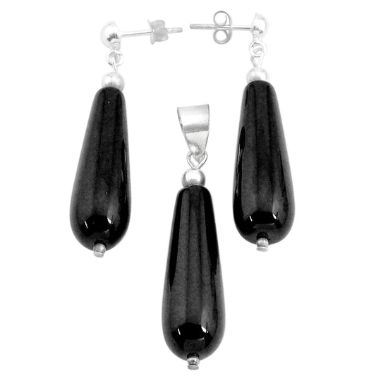 Set - Natural Black Onyx - Pendant Earrings