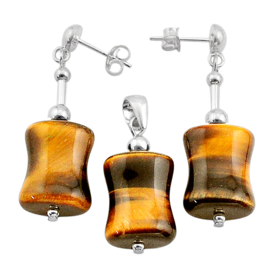 Set - Natural Brown Tiger's Eye - Pendant Earrings